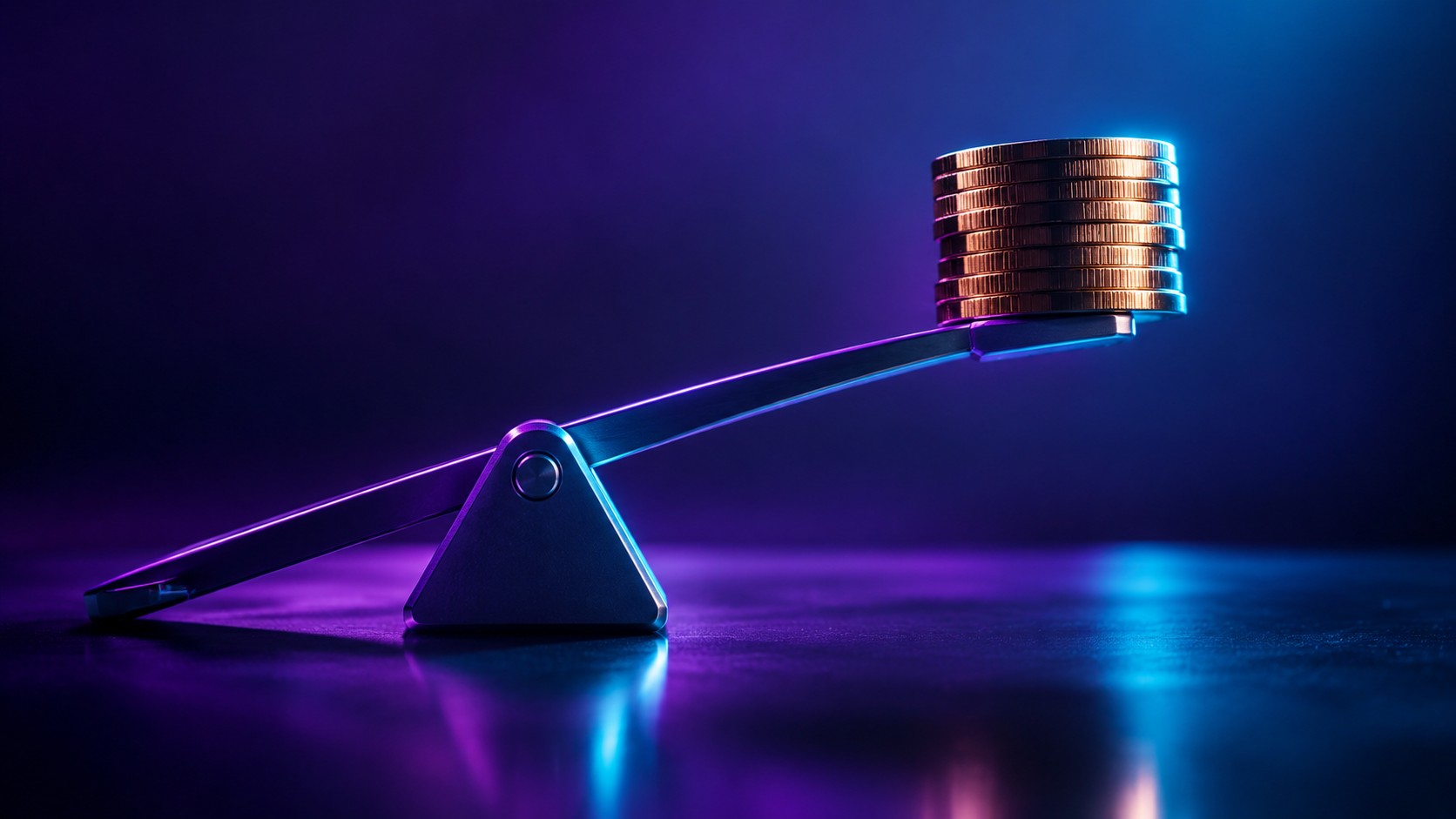 Precision lever lifting a stack of coins clean minimal composition