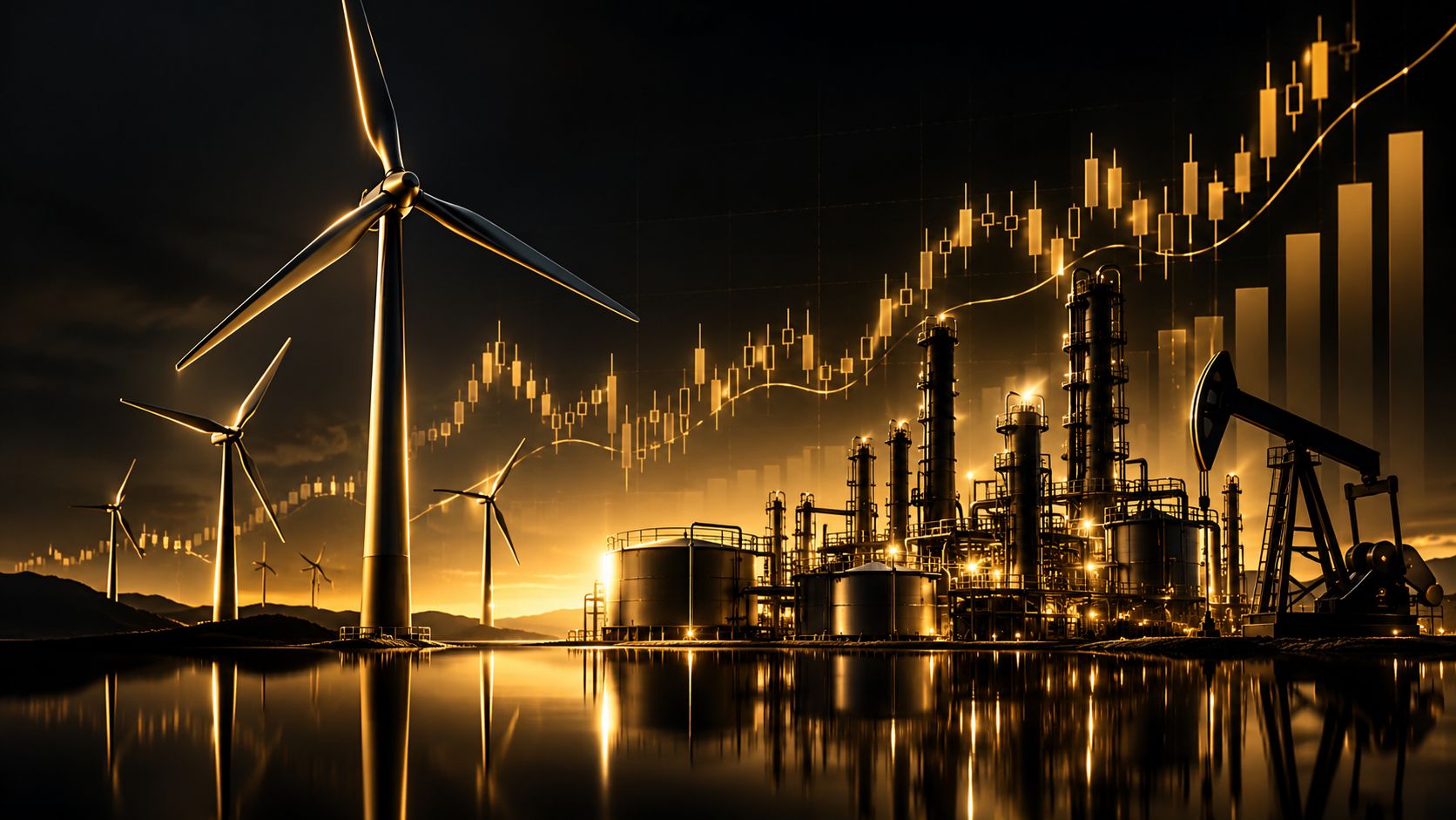 Wind turbines and oil refinery silhouettes merged with a stock chart
