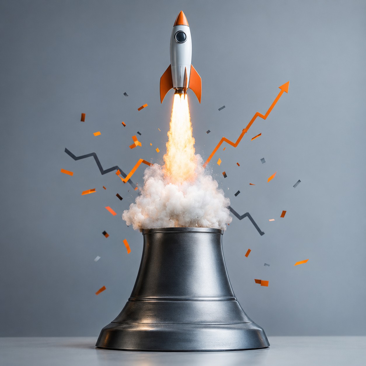 Rocket launching from a bell with confetti of chart lines