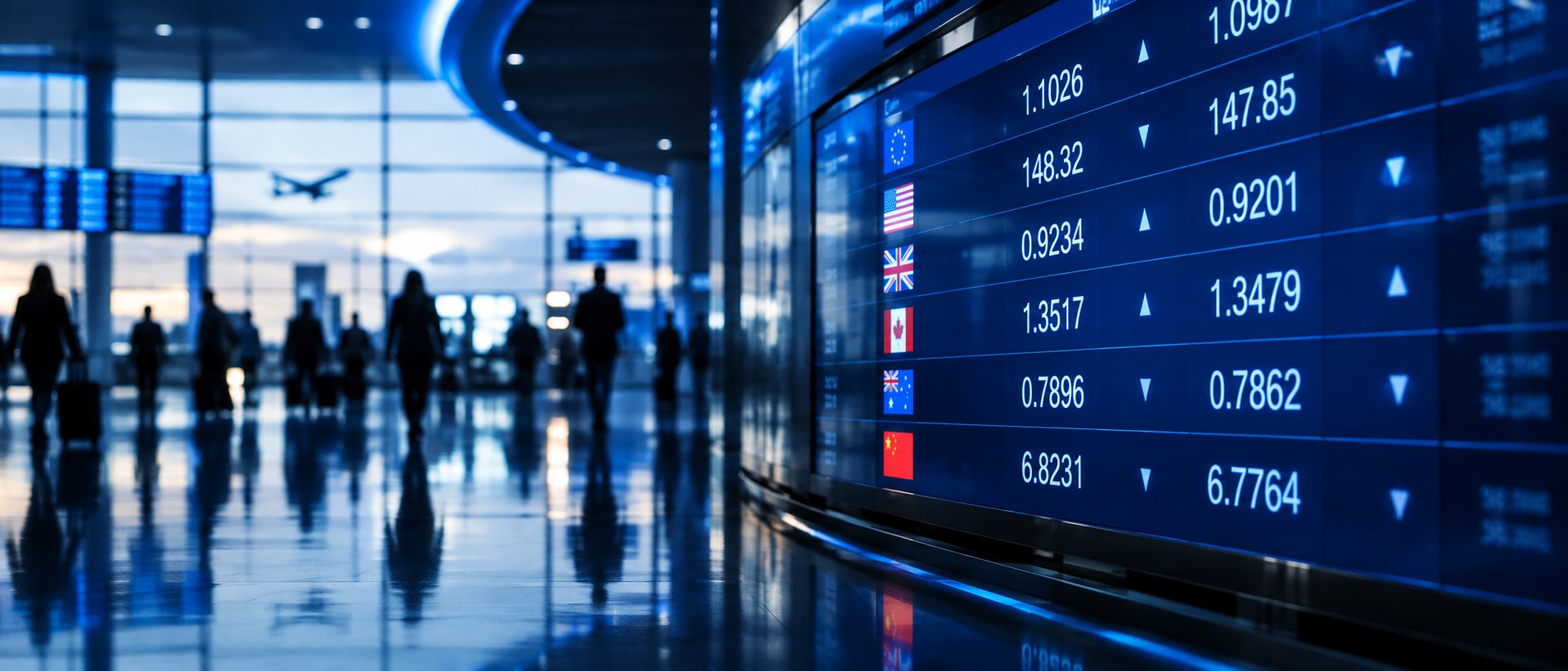 Airport style currency exchange rate board with abstract digits and blurred figures